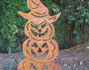 Three Stacked Pumpkins Garden Stake, Halloween Decoration, Jack O Lantern, Metal, Outdoor, Lawn Ornament