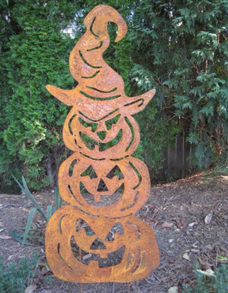 Three Stacked Pumpkins Garden Stake, Halloween Decoration, Jack O Lantern, Metal, Outdoor, Lawn Ornament image 1