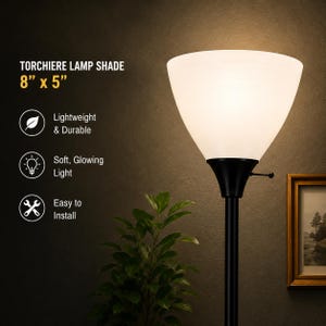 May include: A white torchiere lamp shade measuring 8 inches by 5 inches, featuring a black base and stem. The text on the image reads: TORCHIERE LAMP SHADE 8" x 5", Lightweight & Durable, Soft, Glowing Light, and Easy to Install.