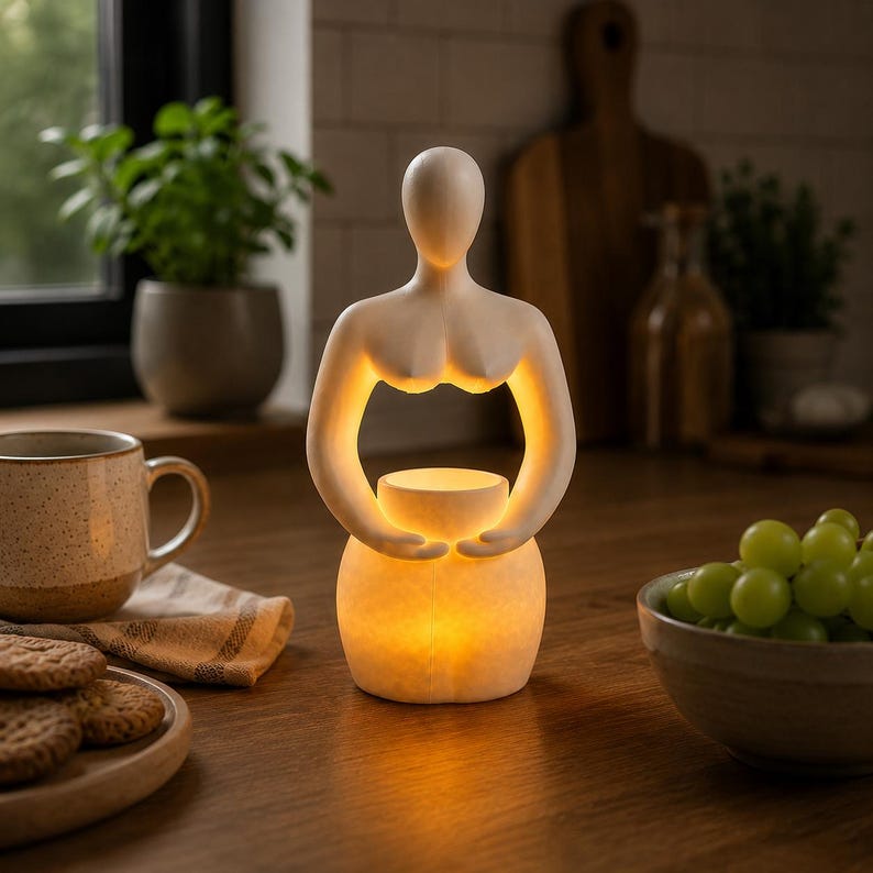 Op de afbeelding: Een cr&egrave;mekleurige, abstracte sculptuur van een vrouwelijke vorm die een gloeiend, rond licht vasthoudt. Het licht komt uit het midden van de sculptuur en verlicht de omgeving. De sculptuur staat op een houten oppervlak.