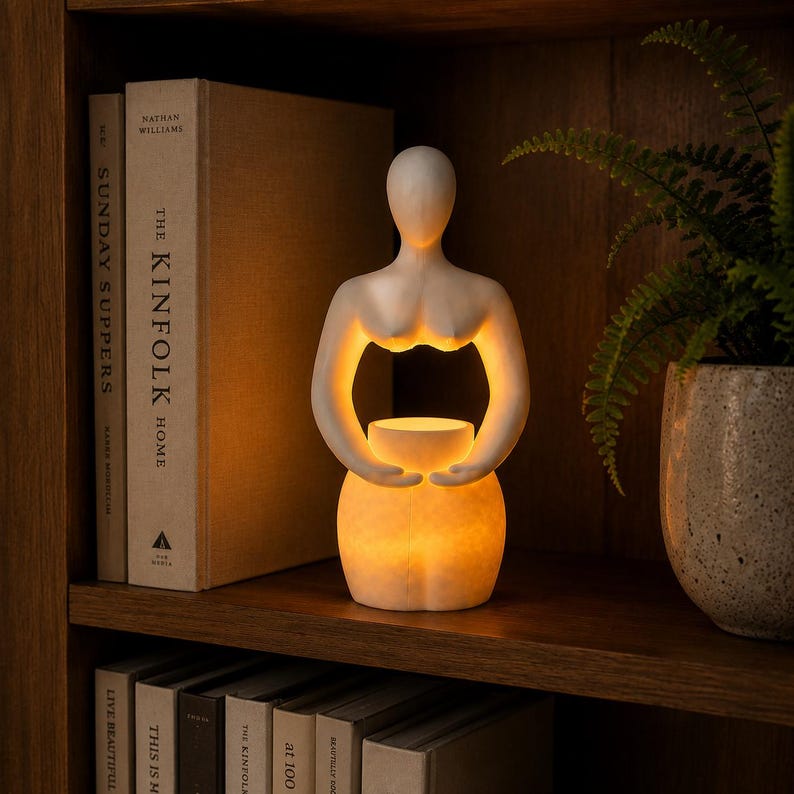 Op de afbeelding: Een witte, abstracte figuur lamp die een warm licht uitstraalt. De lamp, in de vorm van een persoon die een kom vasthoudt, staat op een houten plank met boeken en een plant in een pot. Een decoratief woonaccessoire.
