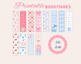 Set of 16 Coquette Printable Bookmarks, Cute Pastel, Digital Download, Girly Bookmark, Romance Bookmarks