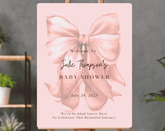 Elegant Pink Ribbon Baby Shower Welcome Sign Baby Girl Shower Canva Template Coquette baby Shower Canva Editable Digital Download