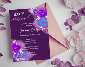 Purple Floral Baby Shower Invitation: Baby In Bloom (Digital Download)