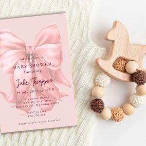 Elegant rosa bandinbjudningsmall Babyshower Canva-mall Coquette Babyshower-inbjudan Canva redigerbar digital nedladdning bild 4