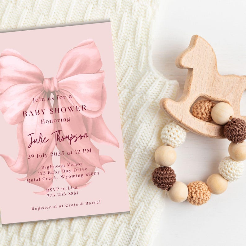 Elegant rosa bandinbjudningsmall Babyshower Canva-mall Coquette Babyshower-inbjudan Canva redigerbar digital nedladdning bild 4