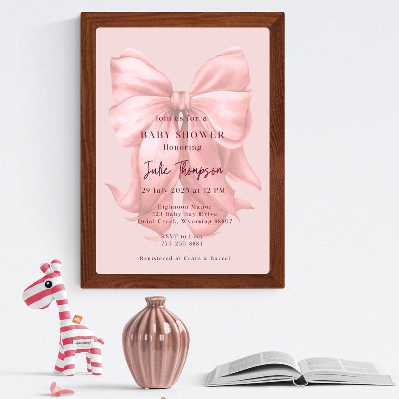 Elegant rosa bandinbjudningsmall Babyshower Canva-mall Coquette Babyshower-inbjudan Canva redigerbar digital nedladdning bild 5