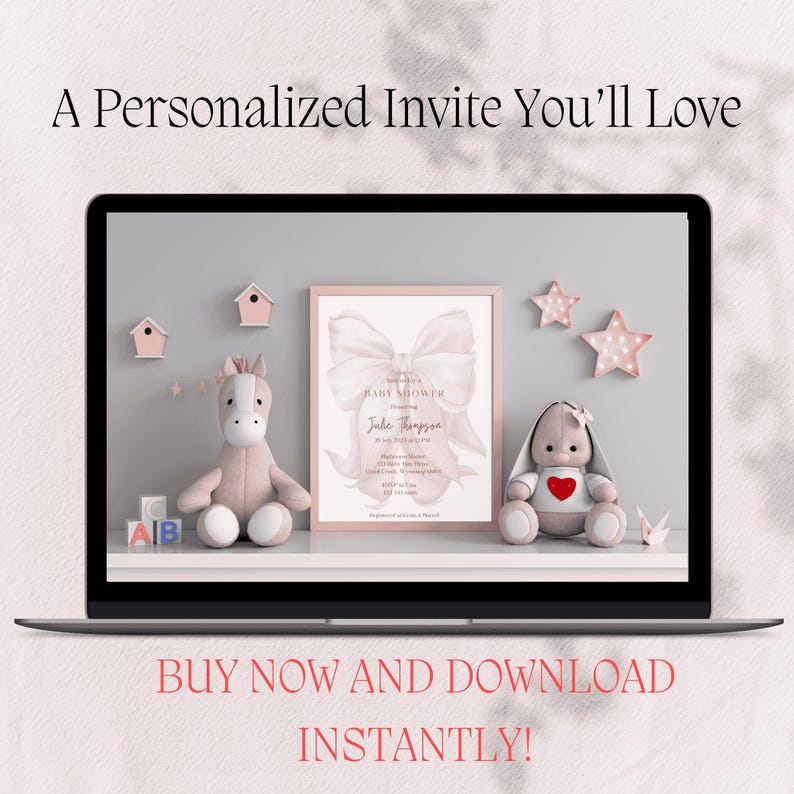 Elegant rosa bandinbjudningsmall Babyshower Canva-mall Coquette Babyshower-inbjudan Canva redigerbar digital nedladdning bild 7