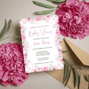 Girl Floral Baby Shower Invitation Pink Flower Baby Invitation Pink Baby Shower Invitation Floral Baby Shower Invite Coquette Theme Invite