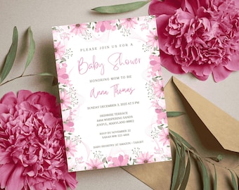 Inbjudan till babyshower med rosa blommor: Redigerbar mall (digital nedladdning)