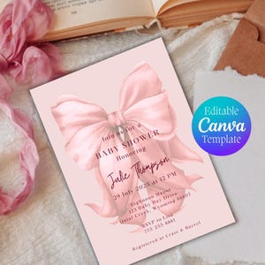 Elegant rosa bandinbjudningsmall Babyshower Canva-mall Coquette Babyshower-inbjudan Canva redigerbar digital nedladdning bild 6