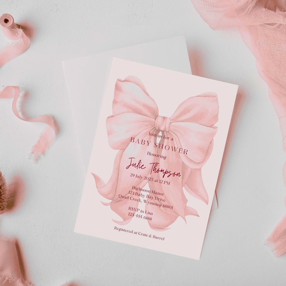 Elegant Pink Ribbon Invitation Template Baby Girl Shower Canva Template Coquette Baby Shower Invitation Canva Editable Digital Download