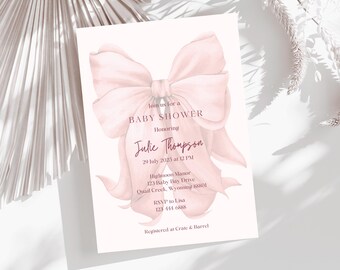 Rosa rosett babyshowerinbjudan flicka redigerbar Canva-mall utskrivbar inbjudan digital nedladdning babyshowerinbjudan flicka mjuk rosa rosett