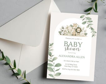 Inbjudan till babyshower i safari: Djungeldjur, grönska (digital nedladdning)