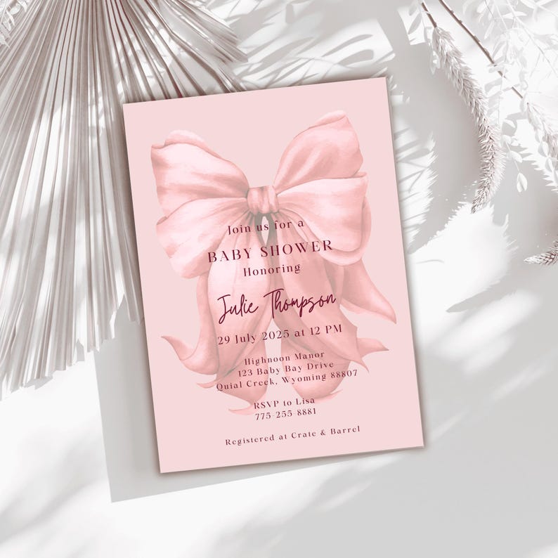 Elegant rosa bandinbjudningsmall Babyshower Canva-mall Coquette Babyshower-inbjudan Canva redigerbar digital nedladdning bild 2