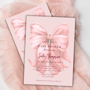 Elegant rosa bandinbjudningsmall Babyshower Canva-mall Coquette Babyshower-inbjudan Canva redigerbar digital nedladdning bild 3