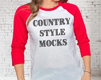 Bella Canvas Raglan BaseBall Tee Red and White Mockup | Unisex Red White 3/4 Sleeve Shirt Model Baseball Tee Studio Mock Up Real Model