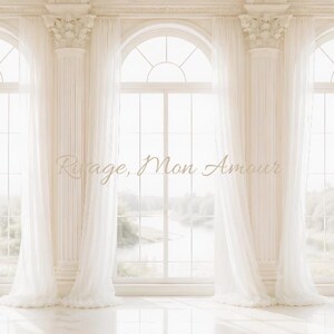 May include: An interior scene featuring three large arched windows with white sheer curtains. The windows offer a view of a landscape with a river. The words "Rivage, Mon Amour" are written across the windows in a cursive font. The room has white columns and a marble floor.