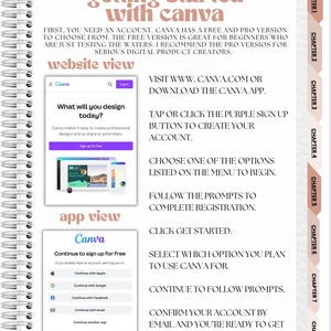 Puede incluir: Un cuaderno con espiral con el t&iacute;tulo "getting started with canva". El cuaderno contiene instrucciones sobre c&oacute;mo usar Canva, incluidas las vistas del sitio web y de la aplicaci&oacute;n. El texto incluye los pasos para crear una cuenta y comenzar a dise&ntilde;ar.
