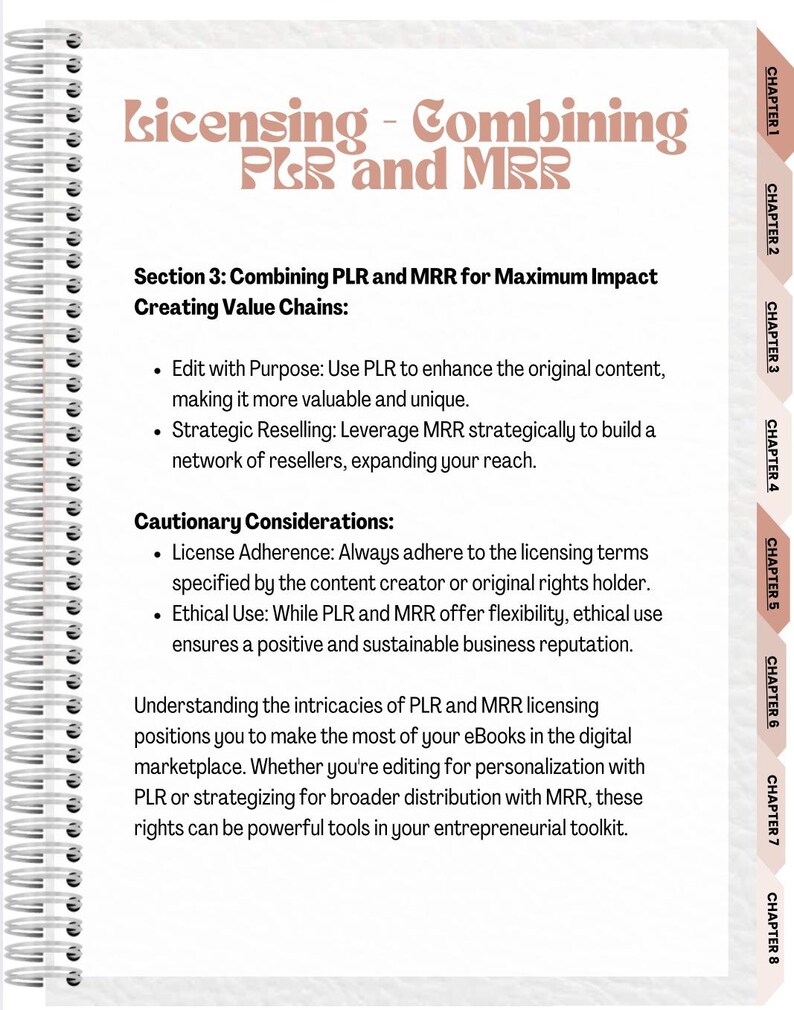 Puede incluir: P&aacute;gina de un libro encuadernado en espiral con el t&iacute;tulo "Licensing - Combining PLR and MRR". El texto explica c&oacute;mo combinar PLR y MRR para un impacto m&aacute;ximo, crear cadenas de valor y consideraciones de precauci&oacute;n.