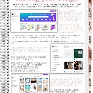 Puede incluir: P&aacute;gina de un cuaderno de espiral con el t&iacute;tulo "starting your design". La imagen muestra capturas de pantalla de la interfaz de Canva, con instrucciones para crear dise&ntilde;os. El texto incluye pasos para usar plantillas y buscar estilos espec&iacute;ficos.