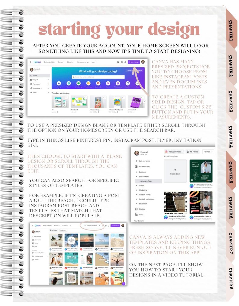 Puede incluir: P&aacute;gina de un cuaderno de espiral con el t&iacute;tulo "starting your design". La imagen muestra capturas de pantalla de la interfaz de Canva, con instrucciones para crear dise&ntilde;os. El texto incluye pasos para usar plantillas y buscar estilos espec&iacute;ficos.