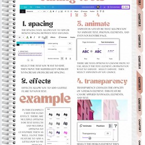 Puede incluir: P&aacute;gina de un cuaderno de espiral con el t&iacute;tulo "editing tools" en rosa. La p&aacute;gina detalla el espaciado, los efectos, la animaci&oacute;n y la transparencia. Se muestran ejemplos de efectos de texto y opciones de animaci&oacute;n, junto con instrucciones.