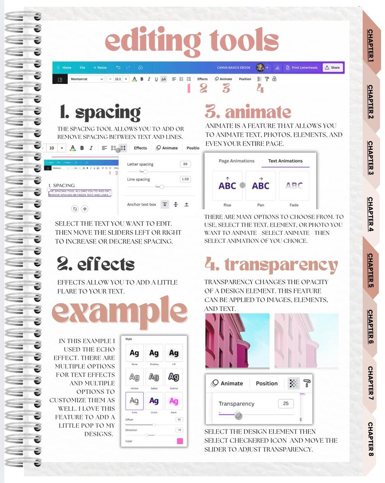 Puede incluir: P&aacute;gina de un cuaderno de espiral con el t&iacute;tulo "editing tools" en rosa. La p&aacute;gina detalla el espaciado, los efectos, la animaci&oacute;n y la transparencia. Se muestran ejemplos de efectos de texto y opciones de animaci&oacute;n, junto con instrucciones.