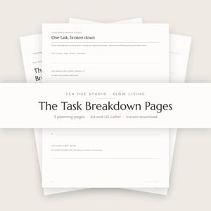 Könnte beinhalten: Ein Set weißer Planungsseiten mit dem Titel The Task Breakdown Pages von Zen Hue Studio. Die Dokumente enthalten schwarzen Text mit Abschnitten zur Aufgabenunterteilung, einschließlich Feldern für die zu große Aufgabe, kleinere Schritte und den ersten Schritt.
