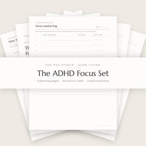 以下が含まれることがあります： Zen Hue StudioによるThe ADHD Focus Setというタイトルの白いプランニングページセット。ページには黒いテキストが記載されており、作業内容、所要時間、結果を記録するための列があるフォーカスセッションログや、書き込み用の線が含まれています。