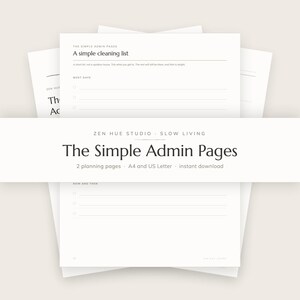 Może przedstawiać: Stos białych stron do planowania zatytułowanych The Simple Admin Pages od Zen Hue Studio. Górny arkusz zawiera nagłówek A simple cleaning list z sekcjami Must Days oraz How and Then, zawierający puste linie i pola wyboru dla zadań.