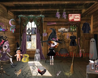 Puede incluir: Una escena caprichosa con temática de brujas con muñecas, pociones y un letrero que dice "It's Midnight Witching Hour!". La imagen presenta un vestido negro, una escoba y un caldero, con un pentagrama en el suelo. El tema general es Halloween y la brujería.