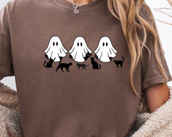 Spooky Cat and Ghost Comfort Colors Shirt, Cute HalloweenTee for Women,Fall Ghost Cat Shirt,Cozy Autumn Outfit,Halloween Gift,Spooky Season