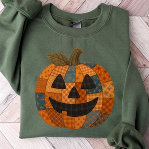 Retro FAUX Patchwork Halloween Pumpkin Sweatshirt, Halloween Pumpkin Shirt, Spooky Season Sweater, Halloween Women Outfit, Halloween Gift.