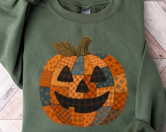 Retro FAUX Patchwork Halloween Pumpkin Sweatshirt, Halloween Pumpkin Shirt, Spooky Season Sweater, Halloween Women Outfit, Halloween Gift.