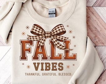 Fall Vibes Sweatshirt with Bow, Cozy Gildan Fall Crewneck, Cute Autumn Aesthetic Shirt, Preppy Fall Outfit for Her, Neutral Pumpkin Spice .