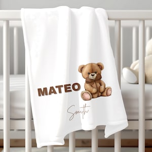 Personalized Baby Blanket with Name, Teddy Bear Blanket, Baby Shower, Boy or Girl, Gender Neutral Nursery Decor, Custom Newborn Blanket Gift