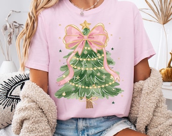 Comfort Colors® Coquette Christmas Tree Shirt, Girly Bow Holiday Tee, Aesthetic Christmas Shirt for Women, Soft Vintage Christmas Tshirt.