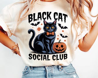 Black Cat Social Club Shirt, Cute Halloween Cat Comfort Colors® Tee, Spooky Season Aesthetic, Fall Pumpkin Shirt, Retro Cat Lover Gift .