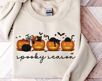 Spooky Season Black Cat Sweatshirt, Cute Halloween Pumpkin Cat Lover Crewneck, Fall Cozy Cat Mom Gift, Gildan Halloween Sweater, Cats Lovers