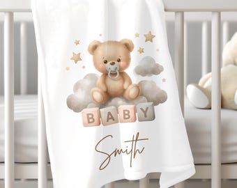 Personalized Teddy Bear Baby Blanket, Custom Name Velveteen Plush Blanket, Baby Shower Gift, Neutral Nursery Decor, Newborn Boy or Girl Gift