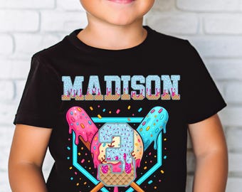 Personalized Baseball Drip Shirt for Kids, Boy Girl Birthday Baseball Shirt,Custom Baseball Drip Tee,Ice Cream Drip Toddler Youth Sport Gift