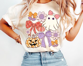 Coquette Ghost Halloween Shirt, Pink Bow Comfort Colors Tee,Floral Retro Ghost Shirt,Girly Spooky Season Shirt,all Aesthetic Tee,Girly Shirt