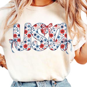 Comfort Colors®Coquette USA Shirt,4th of July Shirt Women,Stars Stripes USA Flag Shirts,Floral Patriotic Shirt, Red White Blue-Independence.