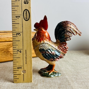 Jeweled Rooster Trinket Box with Rhinestones | Colorful Enamel Hinged Rooster Figurine | Collectible Animal Jewelry Box Gift