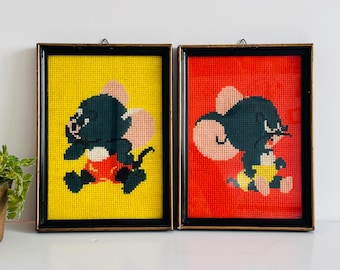 Vintage Cartoon Mouse Needlepoint Wall Art | MCM Kids Room Decor | Retro Hand Stitched Textile | Framed Vintage Needlepoint
