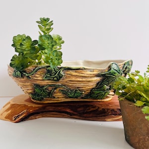 May include: An oblong planter with a textured, wood-effect finish, decorated with green ivy. The planter contains green succulents. It sits on a wooden base, creating a natural, rustic look. The planter is suitable for indoor use.