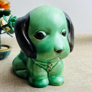 Vintage 1940s Green Ceramic Dog Figurine – Made in England, 5.5” Tall