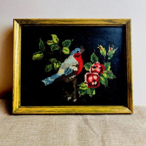 Vintage Framed Needlepoint Bird & Roses – 10x8” Hand-Stitched Wall Art – Folk Art Floral Embroidery Home Decor