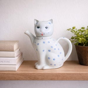 Vintage Porcelain Cat Teapot • Blue Floral Cottagecore Decor